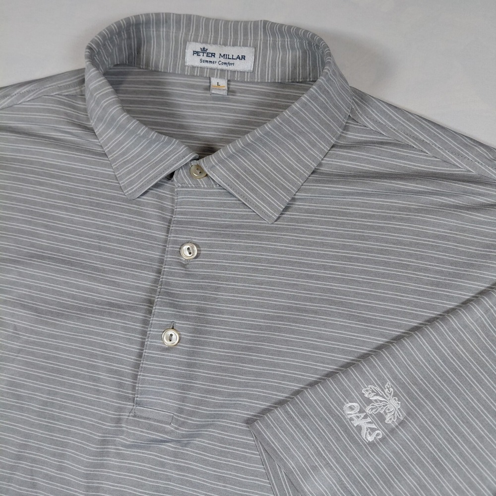 Peter Millar Summer Comfort Gray Striped Polo Shirt Mens Large Oaks Club Logo